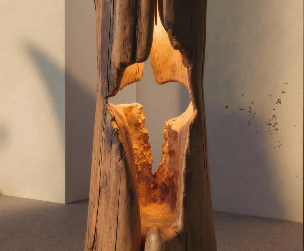 Rustic Log Floor Lamp Hollowed Wood Lamp for Living Room and Bedroom