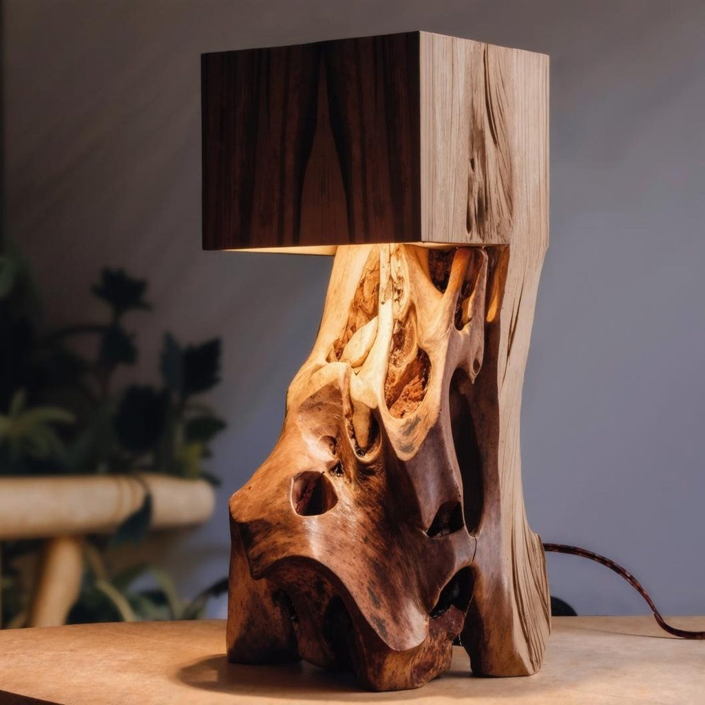 Sculptural Driftwood Table Lamp, Modern Rustic Bedroom Accent Light