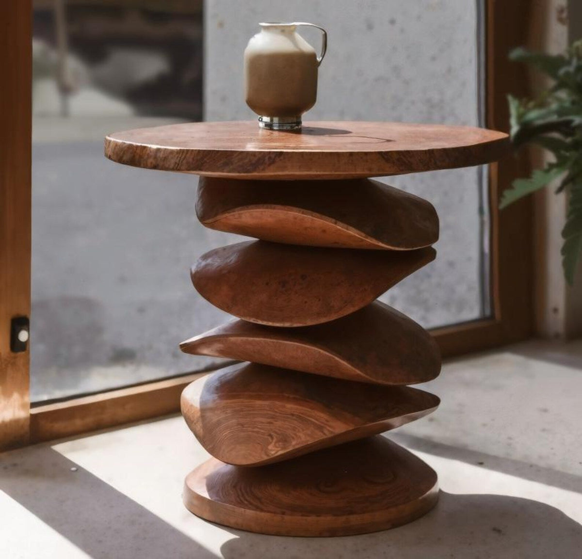 Sculptural Wood Side Table for Living Room Corner or Balcony