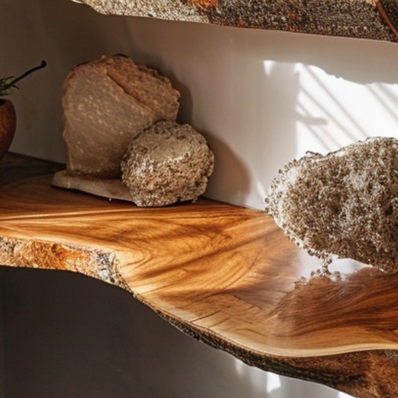 Live Edge Wood Wall Shelf, Minimalist Floating Shelf in Dark Brown