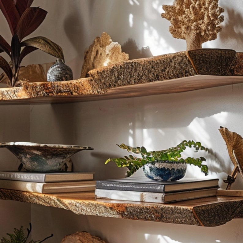 Live Edge Wood Wall Shelf, Minimalist Floating Shelf in Dark Brown