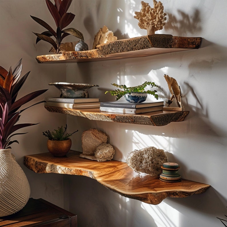 Live Edge Wood Wall Shelf, Minimalist Floating Shelf in Dark Brown