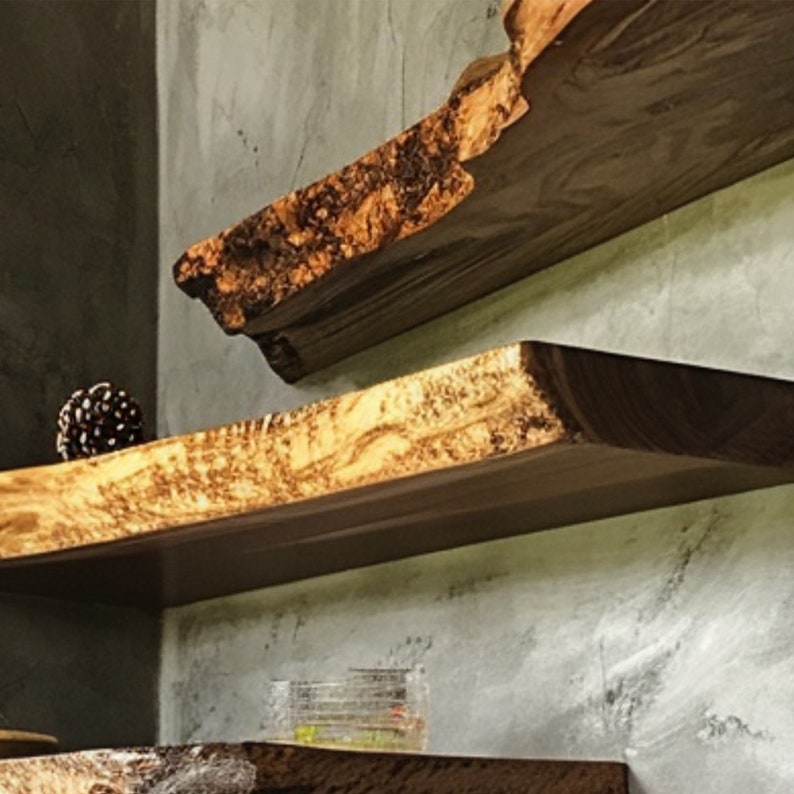 Walnut Live Edge Floating Shelf, Dark Wood Minimalist Wall Shelf