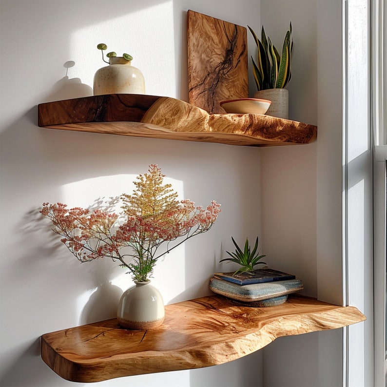 Walnut Live Edge Shelf, Dark Wood Floating Wall Shelf for Décor