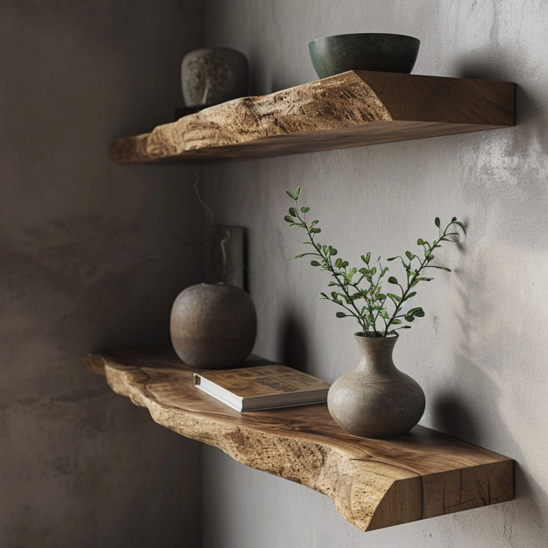 Walnut Live Edge Shelf, Dark Wood Floating Wall Shelf for Décor