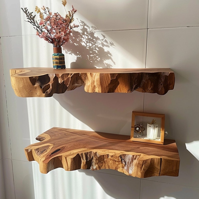 Live Edge Floating Wall Shelf, Rustic Brown Wood Shelf for Living Room