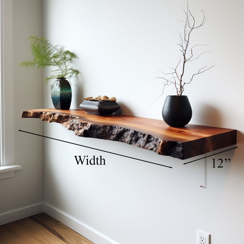 Live Edge Floating Wall Shelf, Rustic Brown Wood Shelf for Living Room