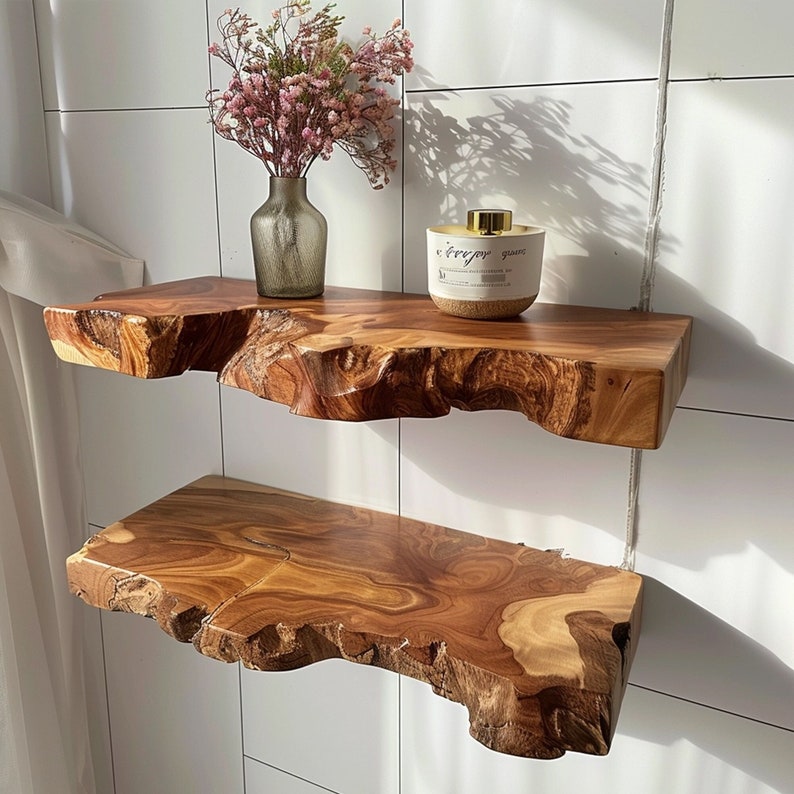Live Edge Floating Wall Shelf, Rustic Brown Wood Shelf for Living Room