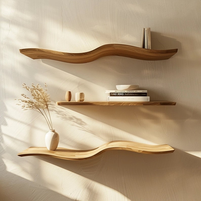 Wavy Wooden Floating Shelves, Natural Wood Wall Shelf for Living Room