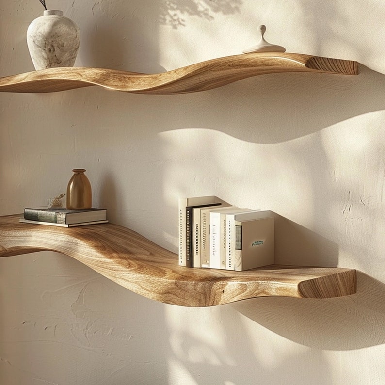 Wavy Wooden Floating Shelves, Natural Wood Wall Shelf for Living Room