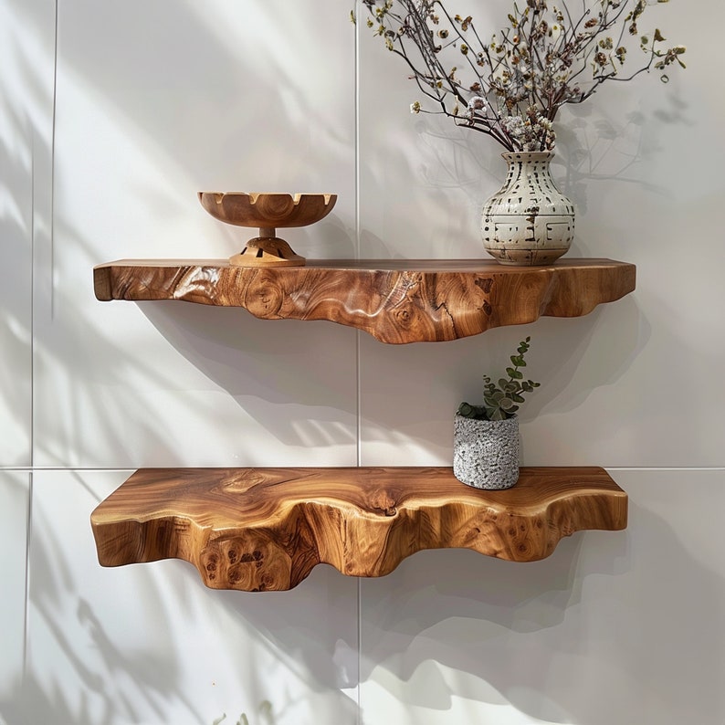 Live Edge Floating Wall Shelf, Rustic Brown Wood Shelf for Living Room
