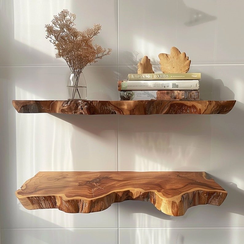 Live Edge Floating Wall Shelf, Rustic Brown Wood Shelf for Living Room
