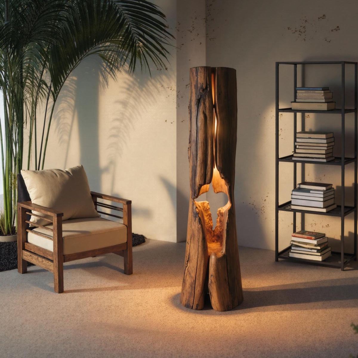 Rustic Log Floor Lamp Hollowed Wood Lamp for Living Room and Bedroom