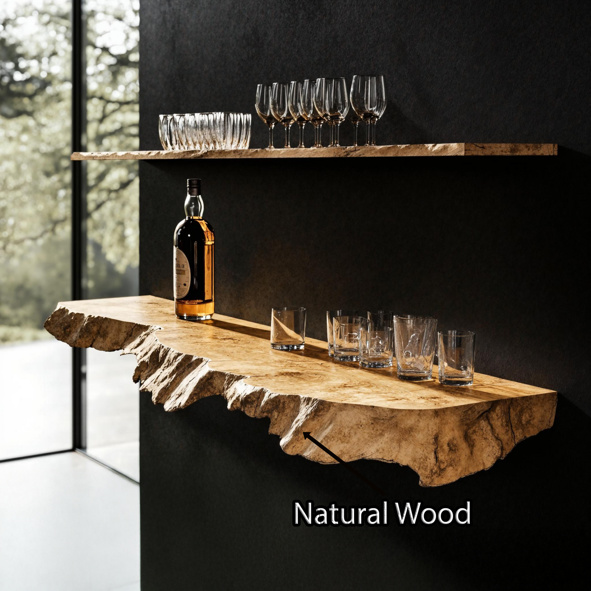 Floating Bar Shelf, Rustic Natural Wood Wall Shelf for Home Bars