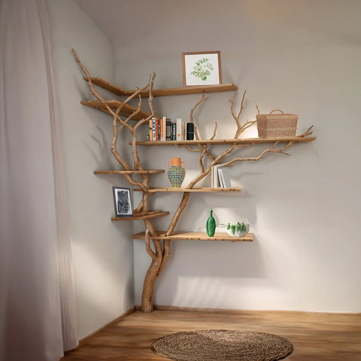 Driftwood Tree Bookshelf, Wall Mounted Live Edge Corner Branch Shelf