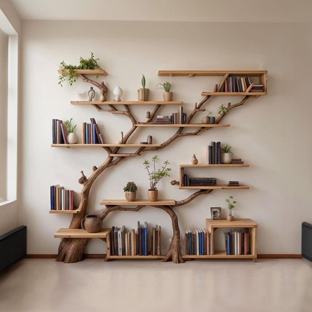 Tree Bookshelf, Modern Driftwood Branch Corner Shelf for Wall