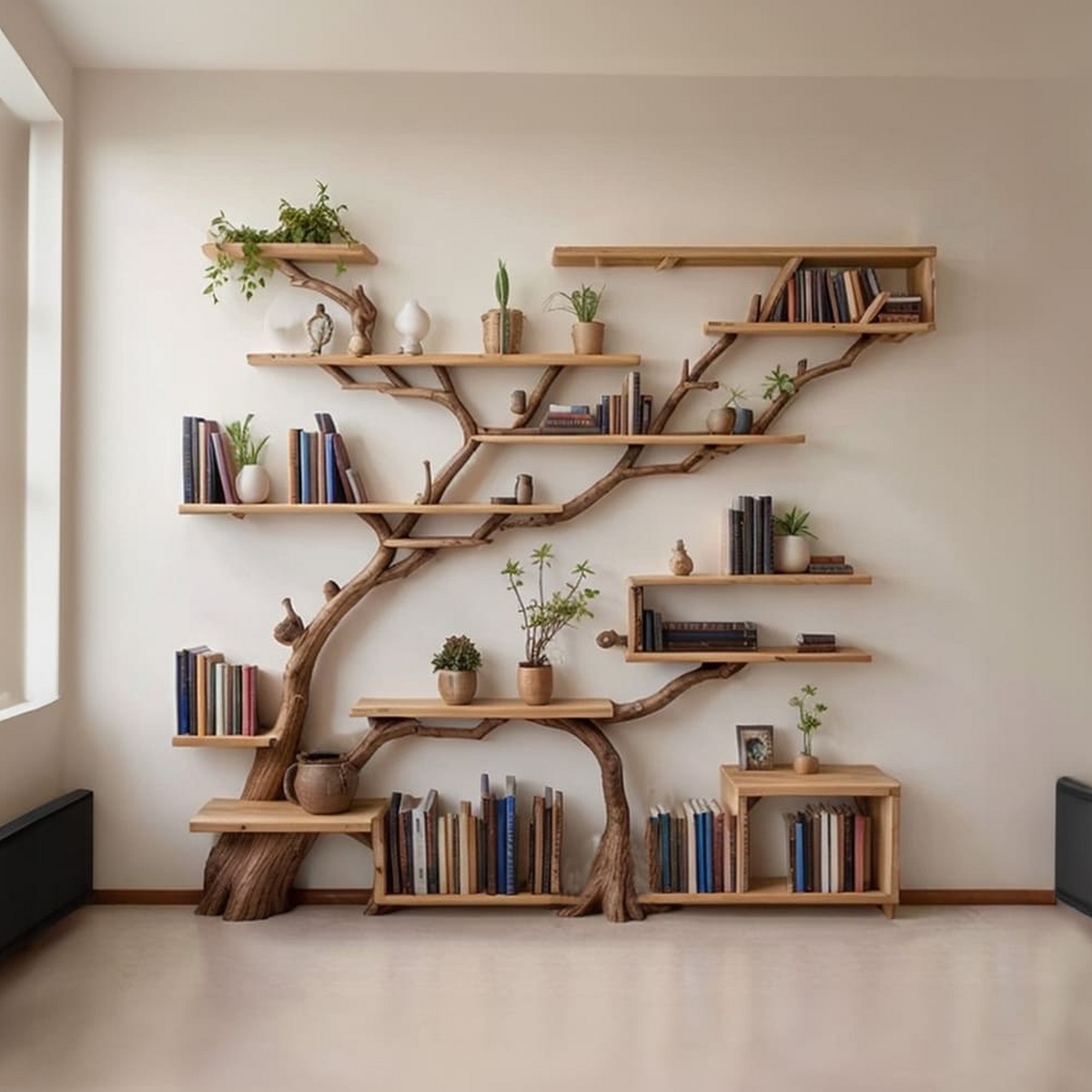 Tree Bookshelf, Modern Driftwood Branch Corner Shelf for Wall