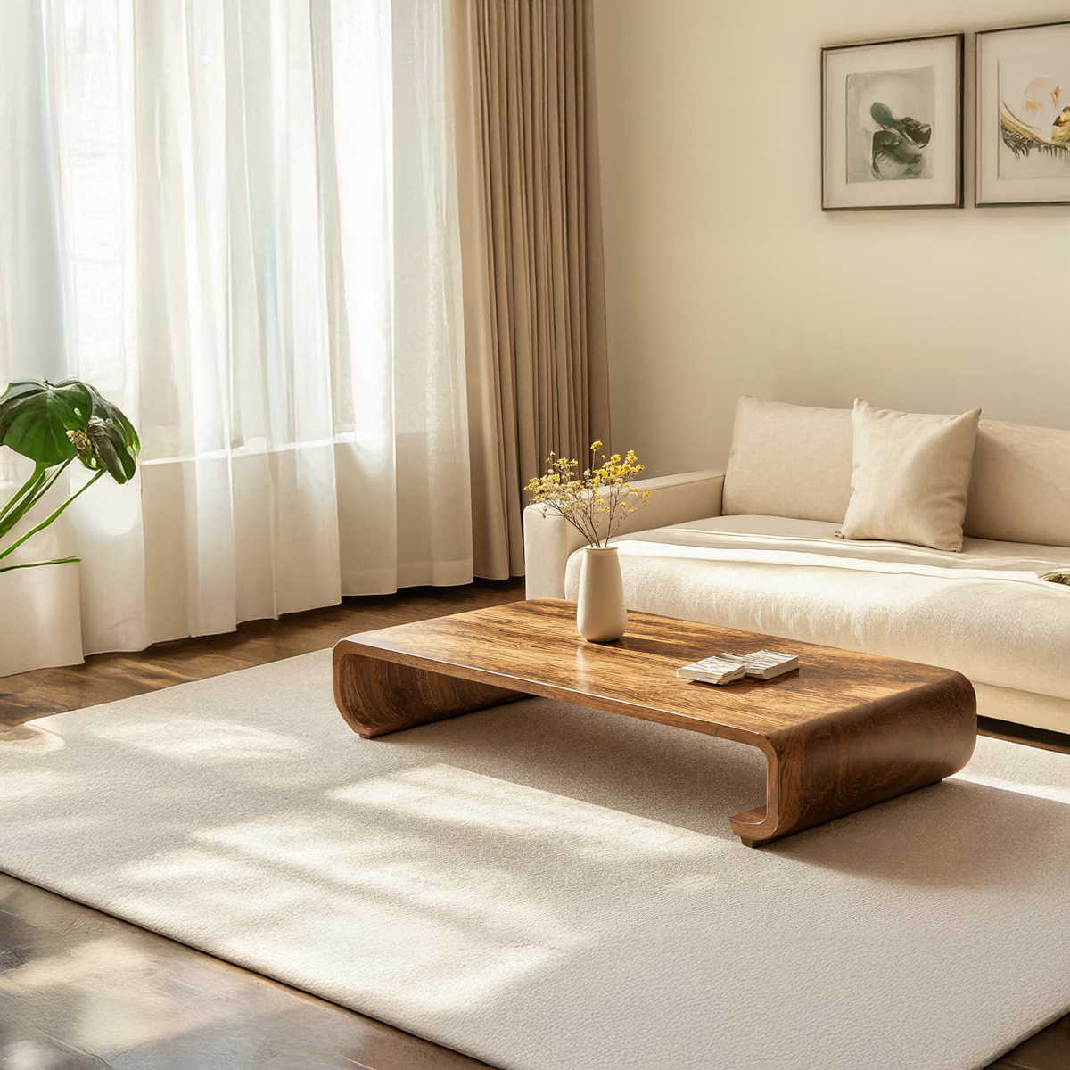 Minimalist Wood Coffee Table, Modern Low Table for Sitting Room