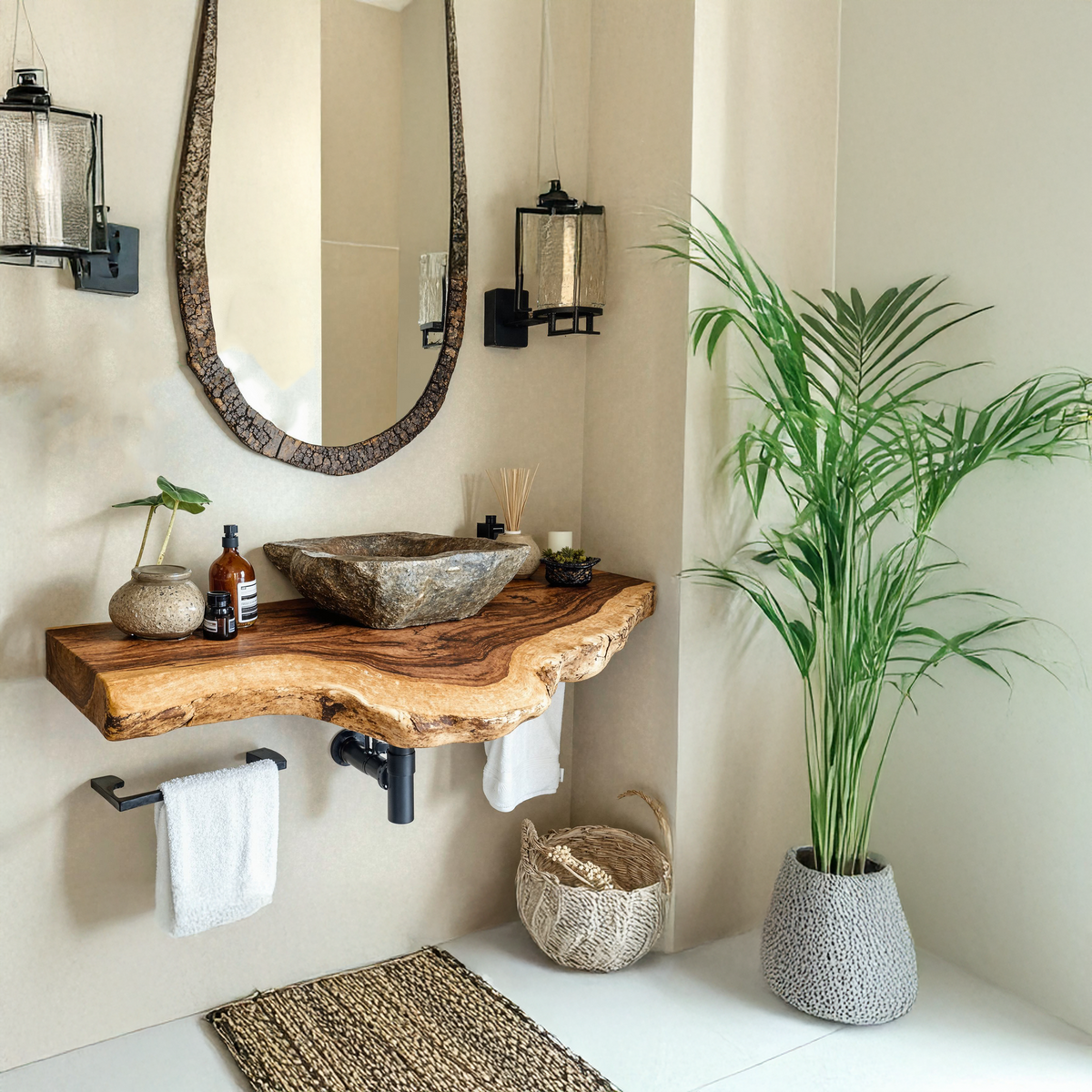 Floating Bathroom Vanity Shelf, Thick Live Edge Wood Sink Countertop
