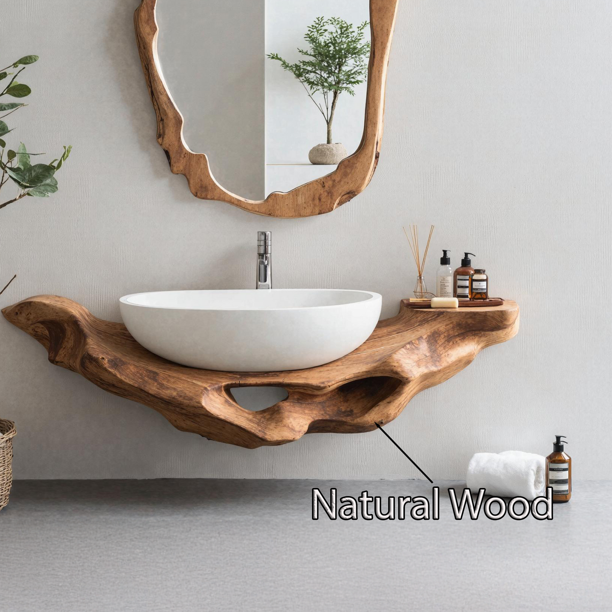 Live Edge Floating Vanity Shelf, Mid Century Solid Wood Bathroom