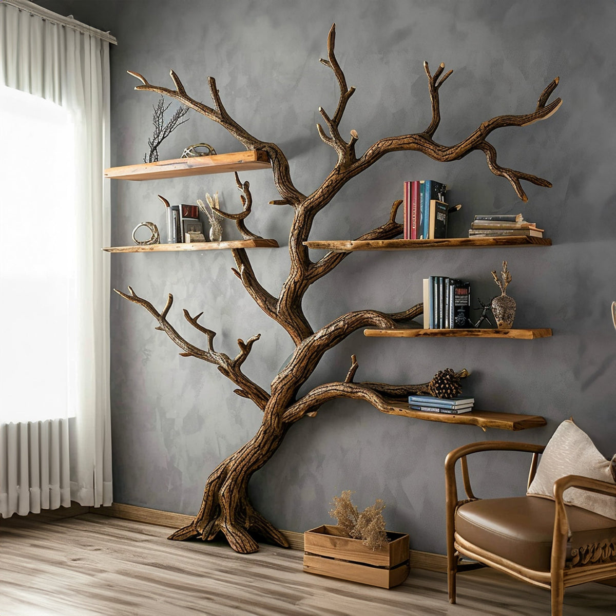 Tree Branch Bookshelf, Carved Solid Wood Wall Shelf for Living Room