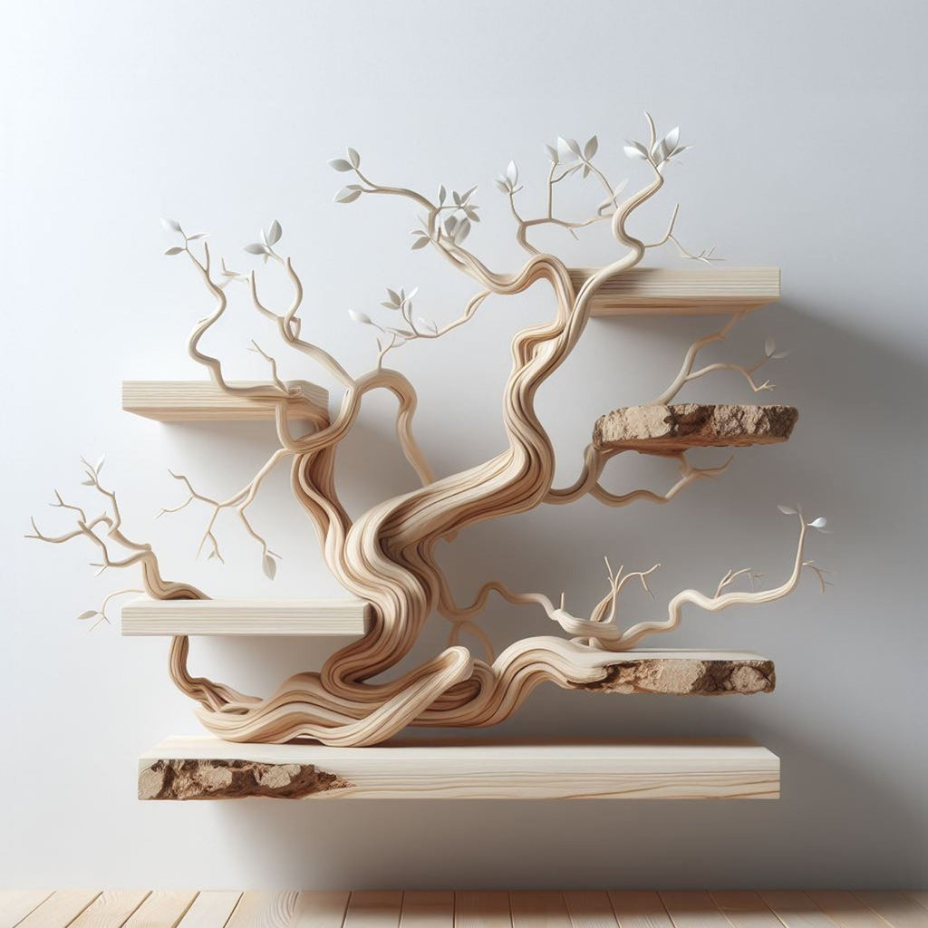 Tree Branch Bookshelf with Live Edge Floating Shelves, Driftwood Decor