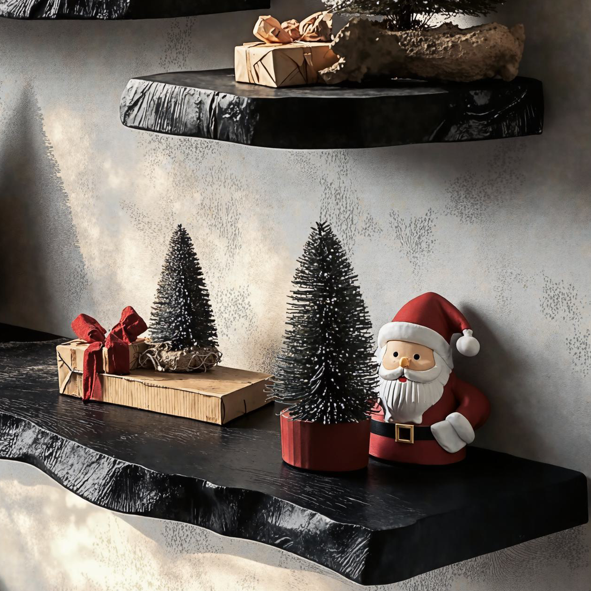 Black Floating Shelf, Live Edge Wood Wall Shelf for Holiday Décor