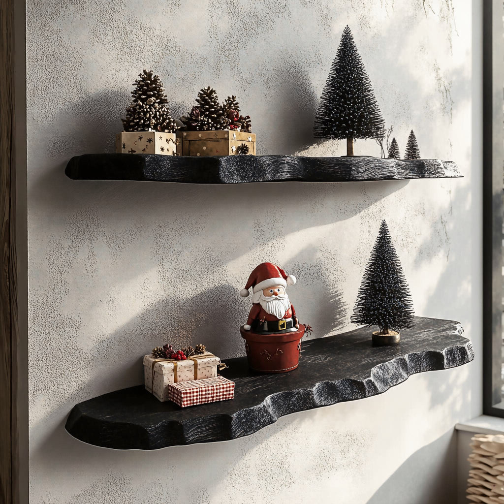 Black Floating Shelf, Live Edge Wood Wall Shelf for Holiday Décor