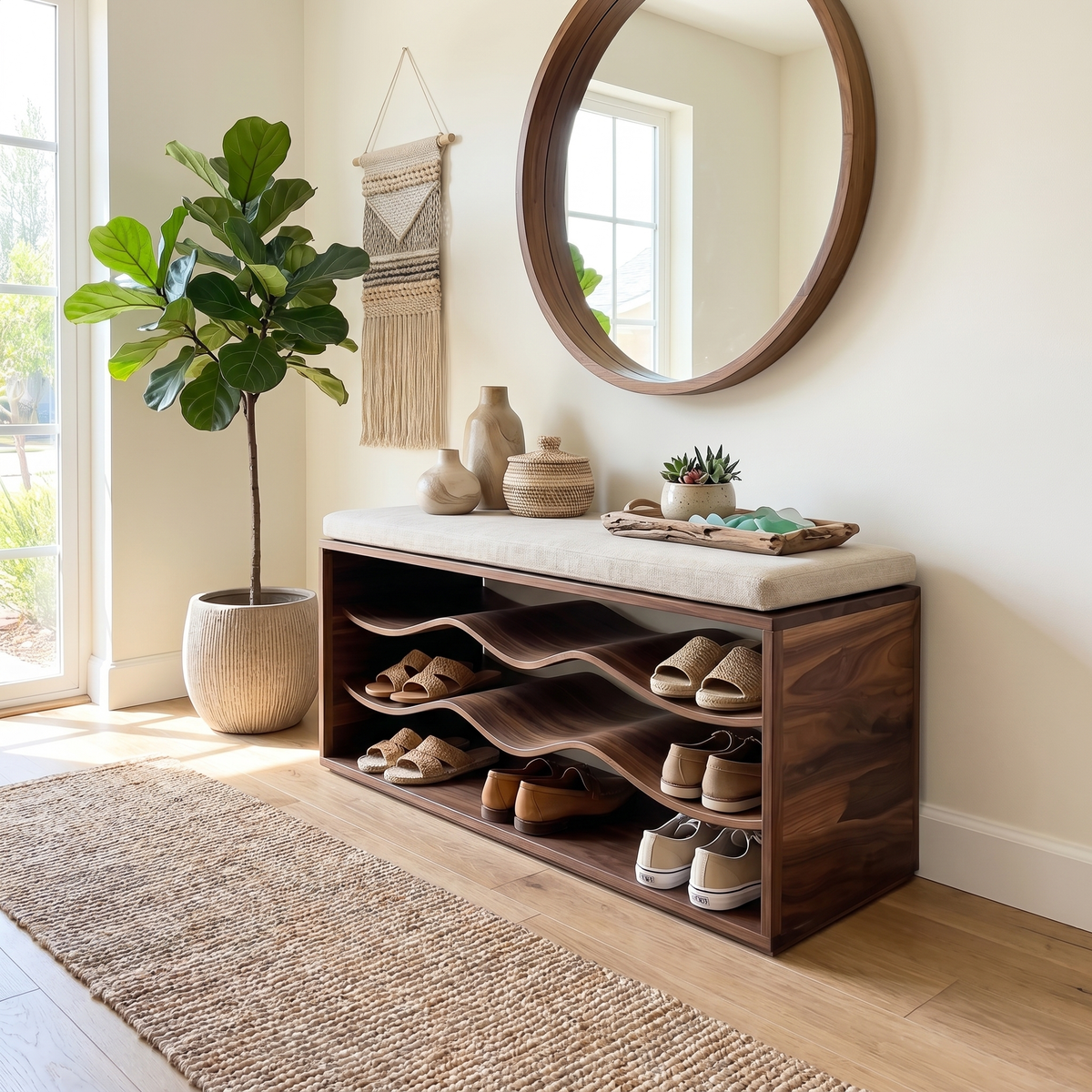 Shoe Rack Bench, Mid Century Solid Wood Entryway Storage Bench