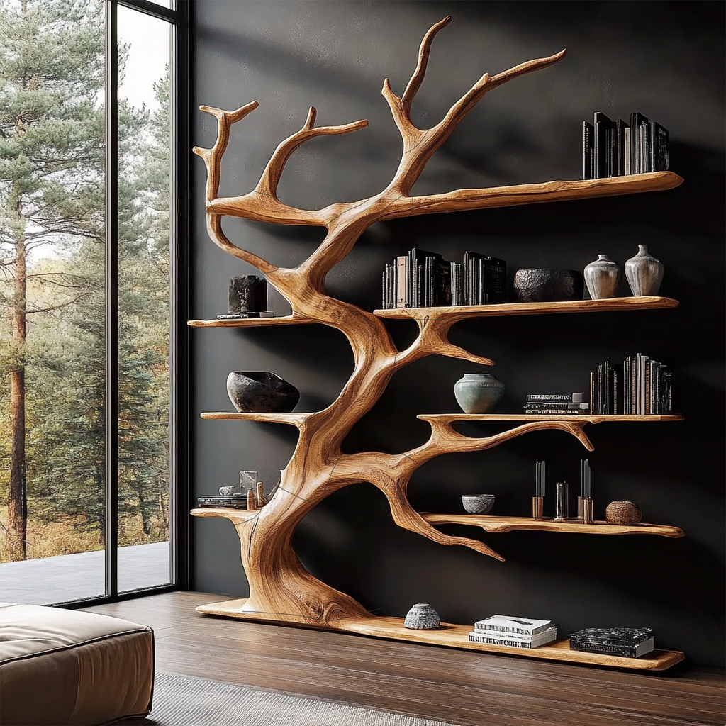 Rustic Tree Branch Bookshelf and Coat Rack for Living Room Decor