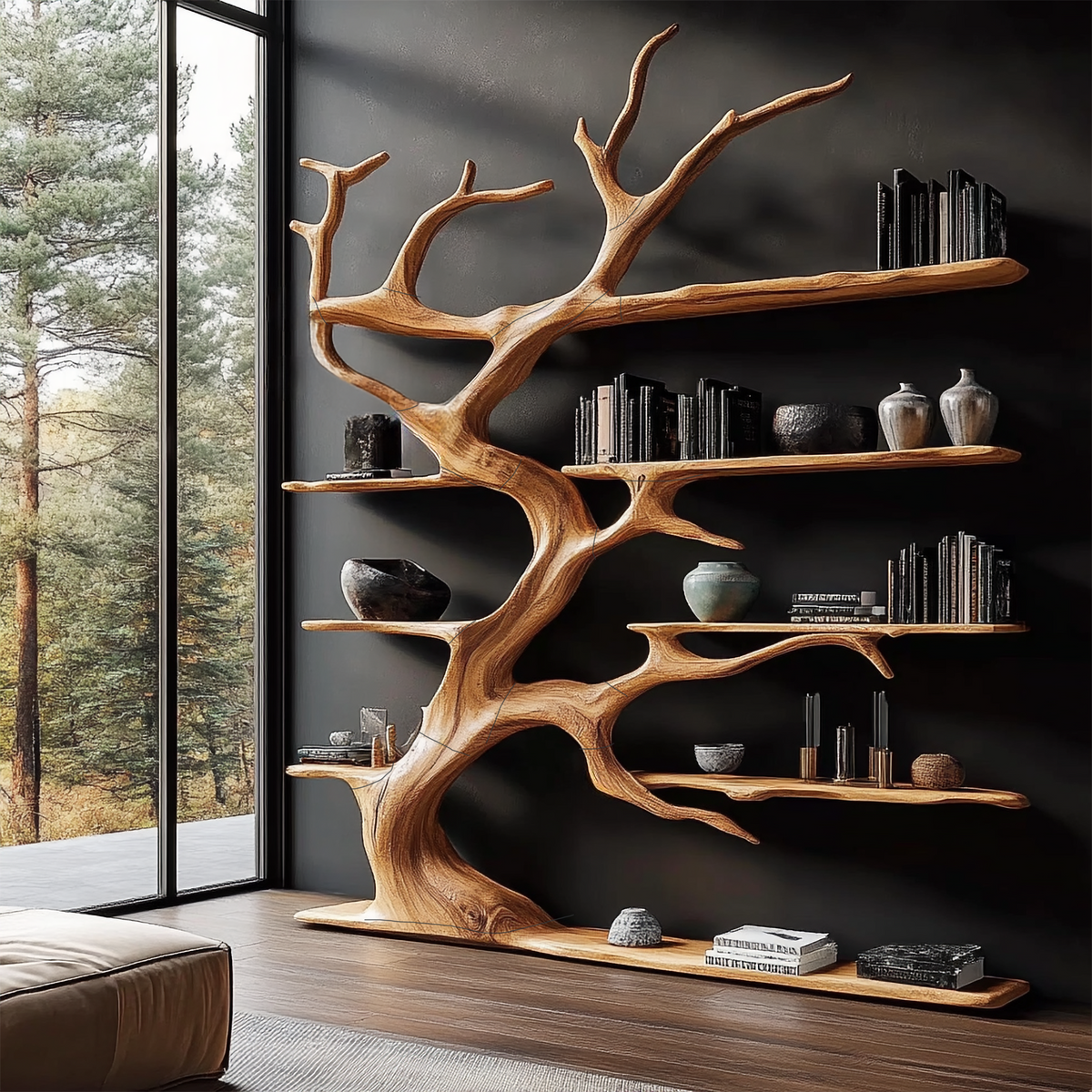Rustic Tree Branch Bookshelf and Coat Rack for Living Room Decor