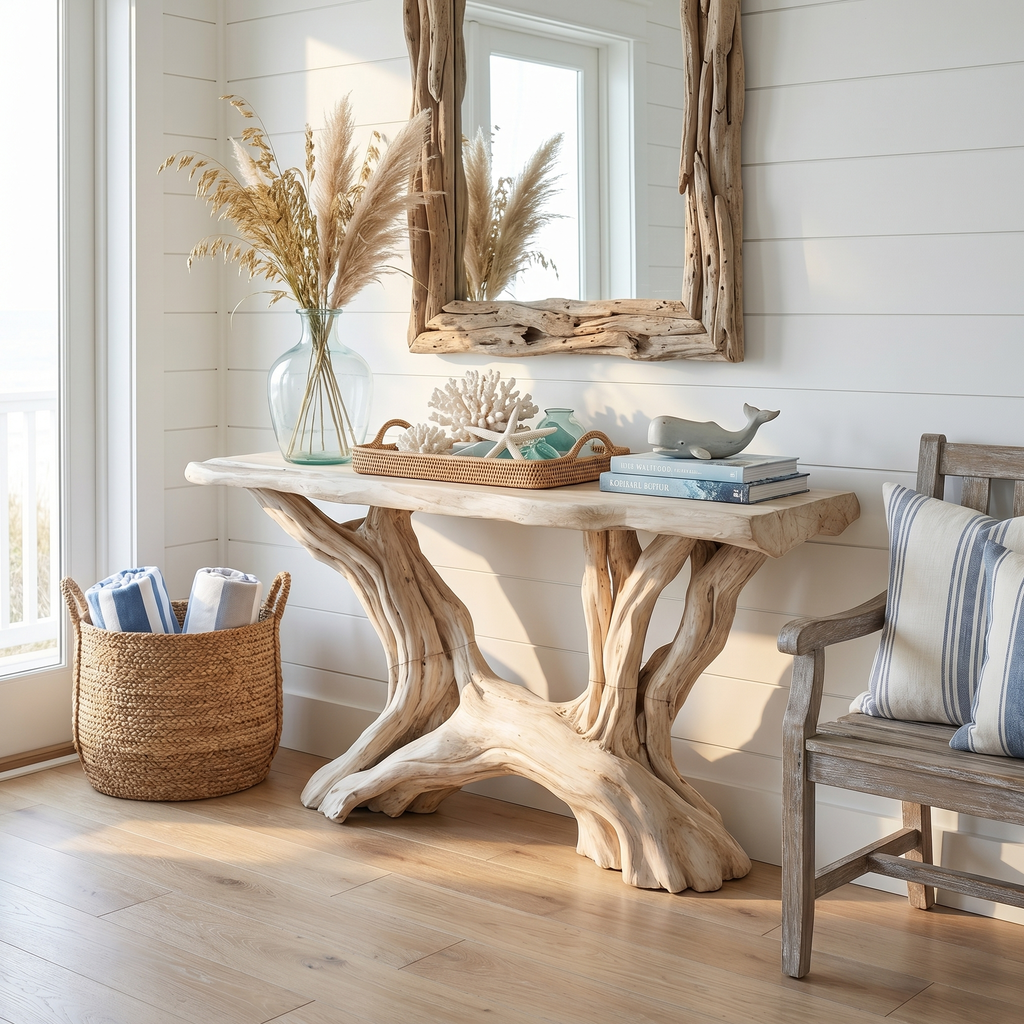 Console Table, Coastal Rustic Solid Wood Entryway Table with Shelves