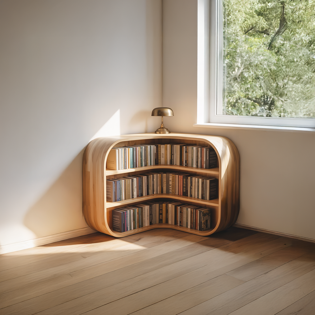 Mid Century Corner Bookshelf, Sculptural Solid Wood Shelf for Study