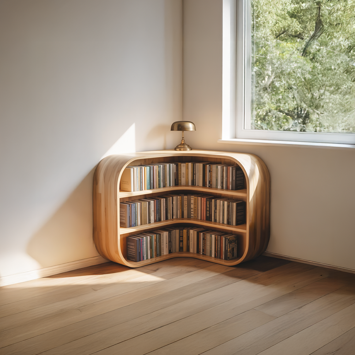 Mid Century Corner Bookshelf, Sculptural Solid Wood Shelf for Study