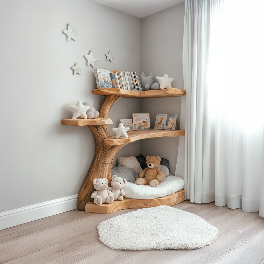 Corner Tree Bookshelf, Rustic Wall Mounted Branch Shelf for Nursery