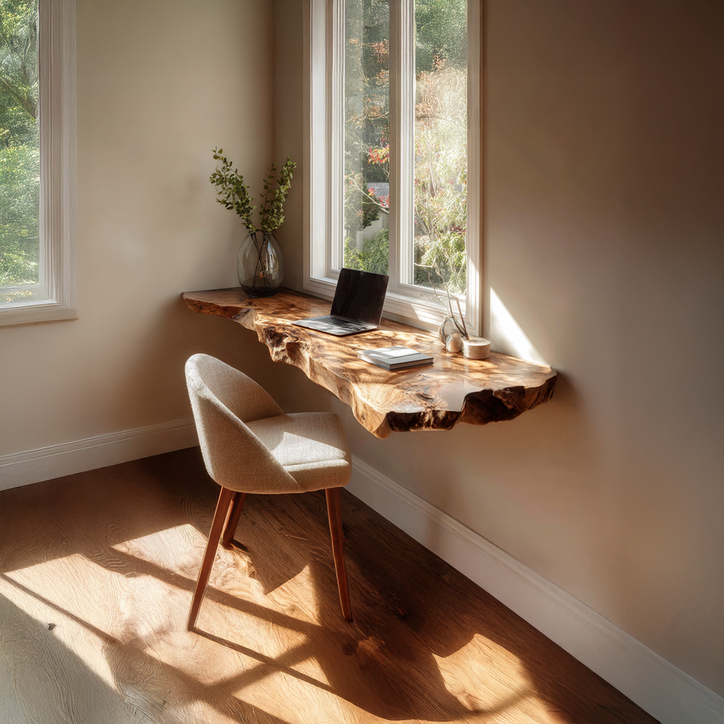 Floating Wall Desk, Small Office Mid Century Solid Wood Workspace