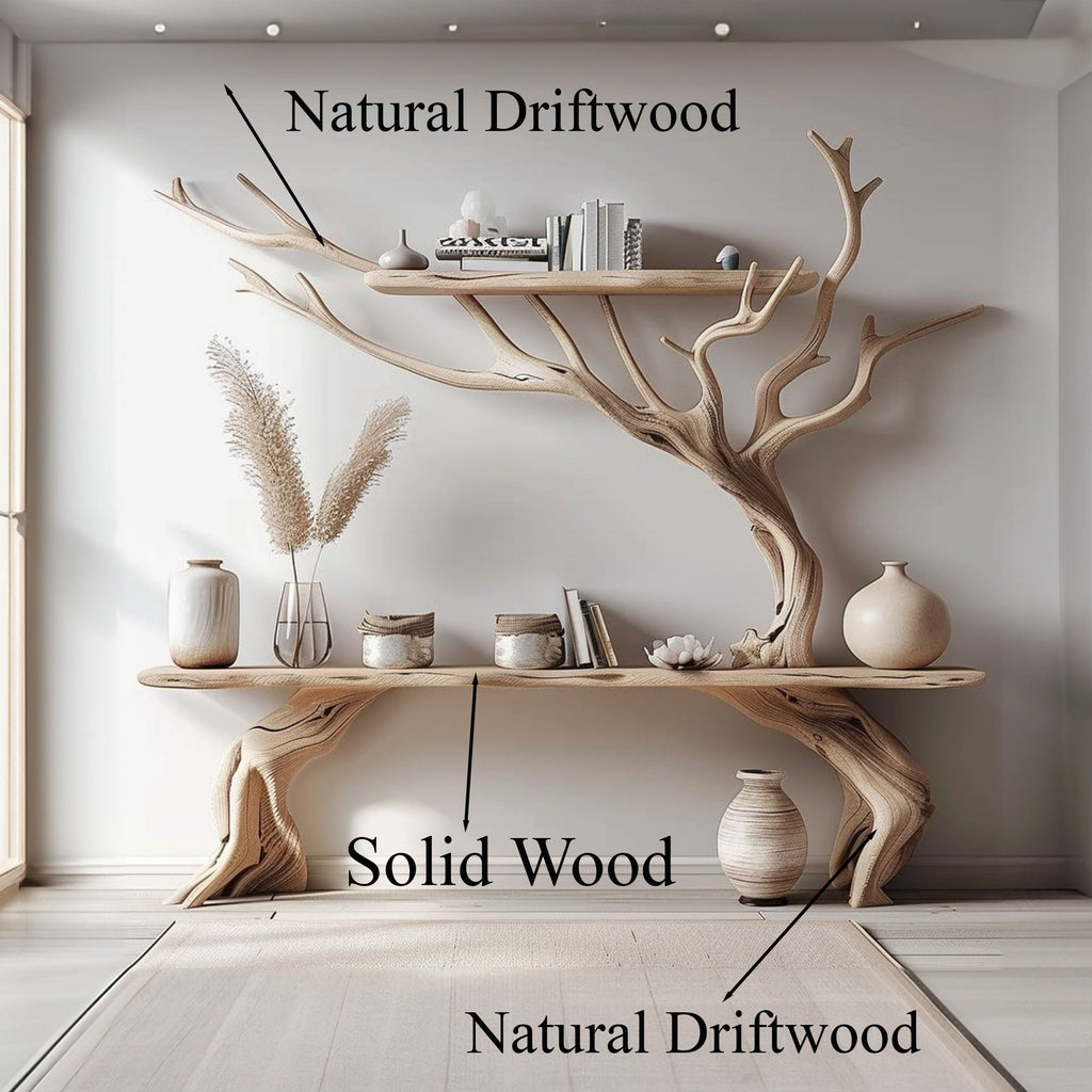 Narrow Console Table with Tree Branch Shelf, Driftwood Style
