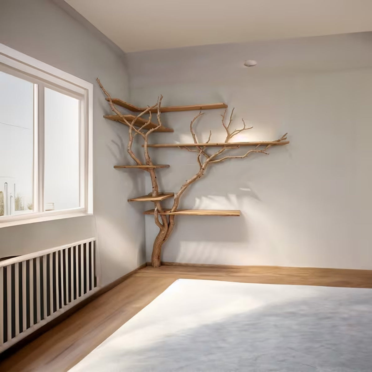 Driftwood Tree Bookshelf, Wall Mounted Live Edge Corner Branch Shelf