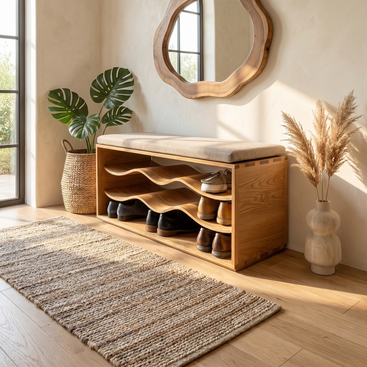 Shoe Rack Bench, Mid Century Solid Wood Entryway Storage Bench