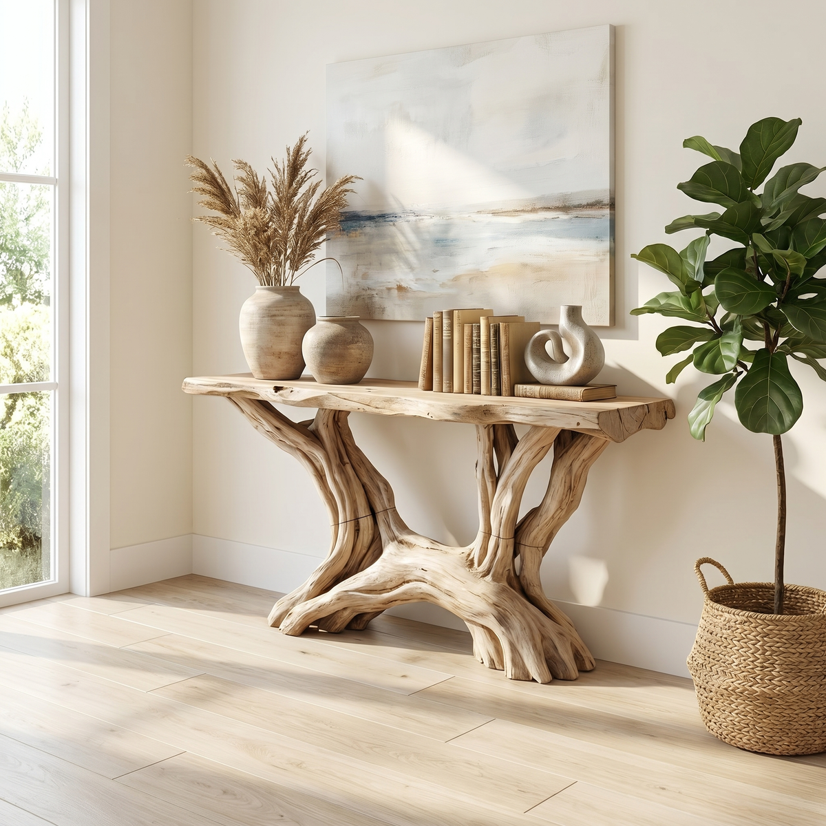 Console Table, Coastal Rustic Solid Wood Entryway Table with Shelves