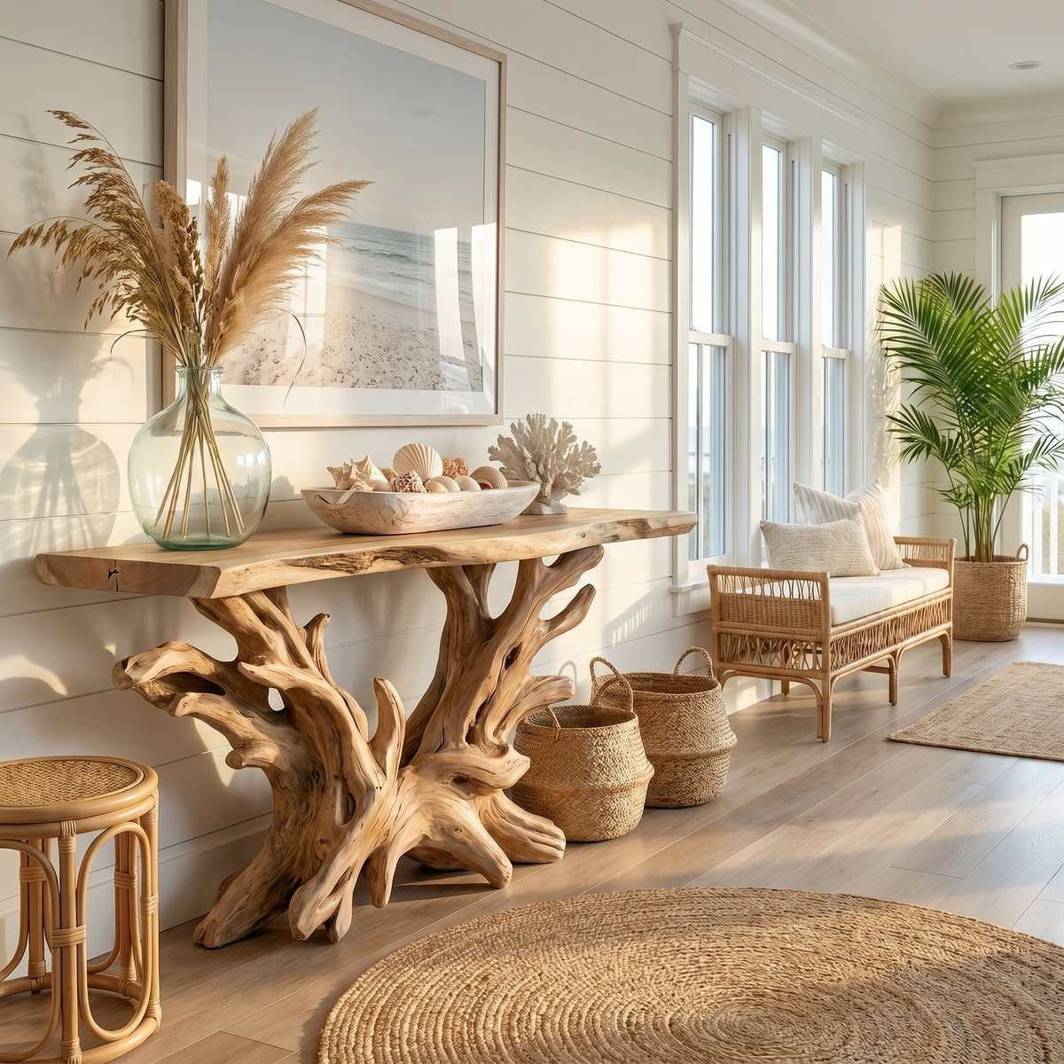 Coastal Console Table with Open Shelf, Rustic Solid Wood Sofa Table