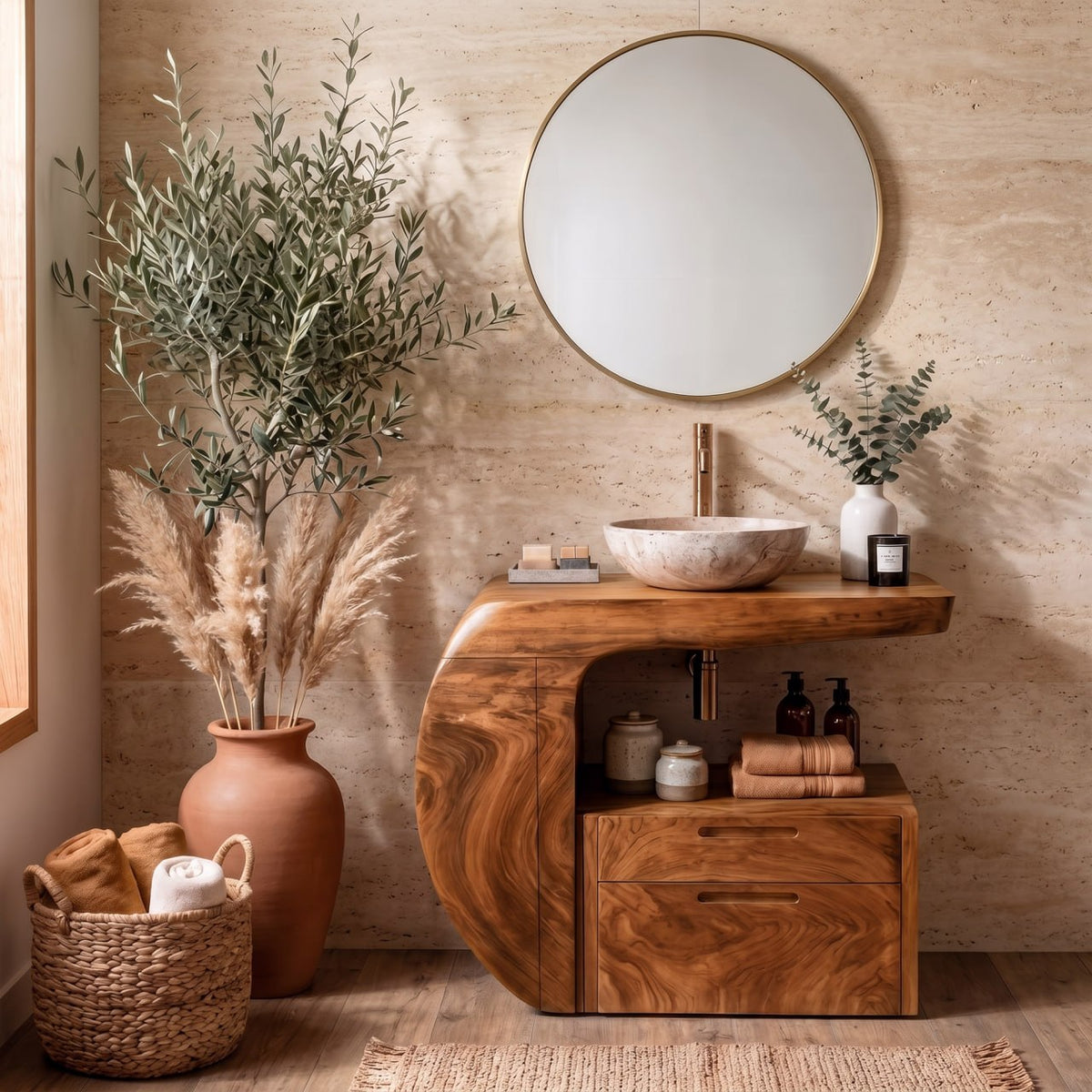 Bathroom Vanity with Storage, Modern Organic Natural Wood Sink Console