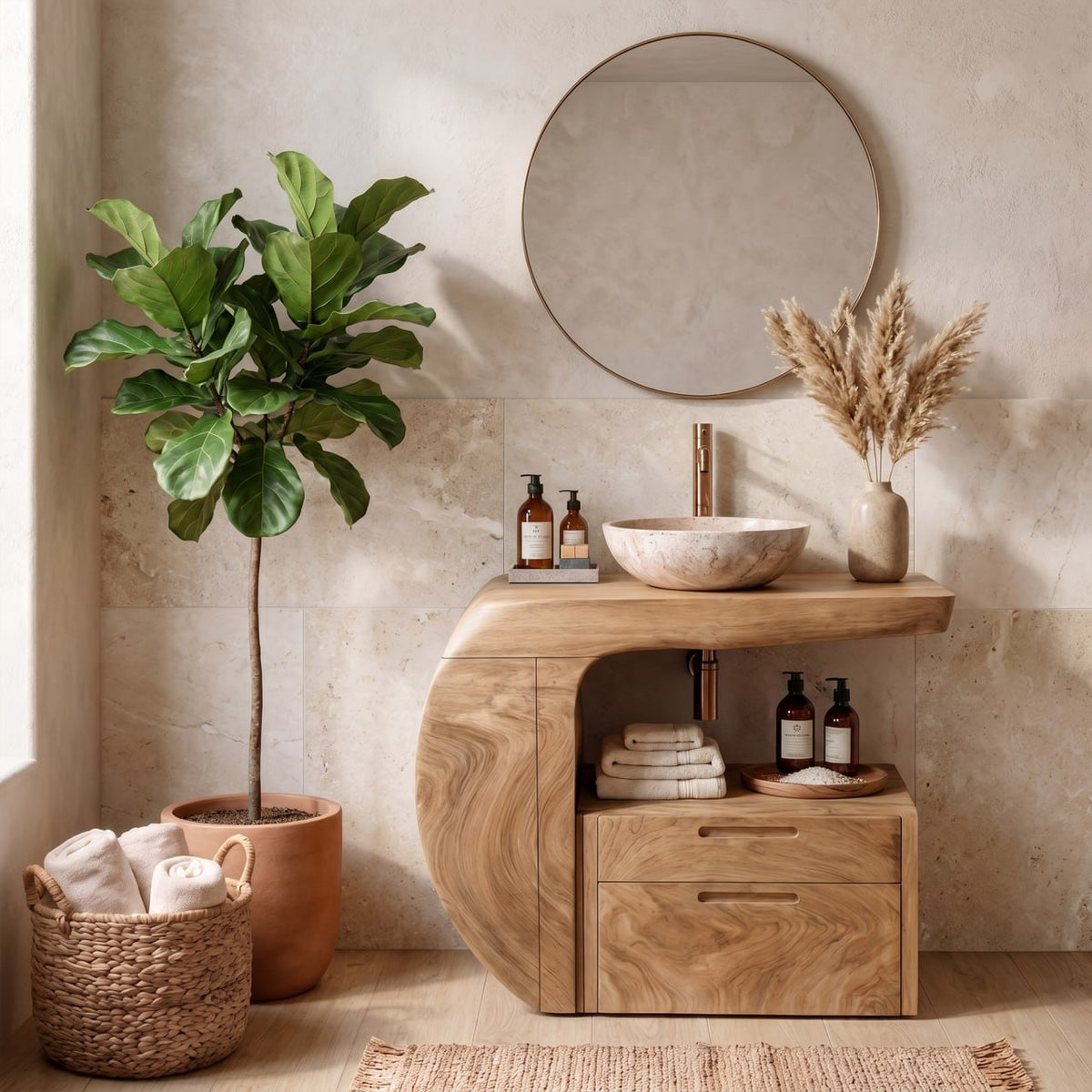 Bathroom Vanity with Storage, Modern Organic Natural Wood Sink Console