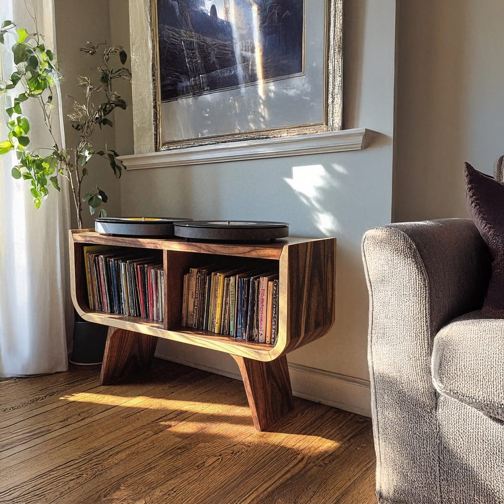 Record Player Stand, Minimalist Solid Wood Vinyl Console for Bedroom