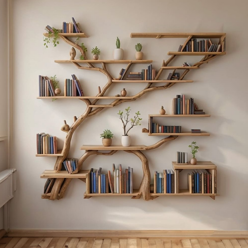 Tree Bookshelf, Modern Driftwood Branch Corner Shelf for Wall