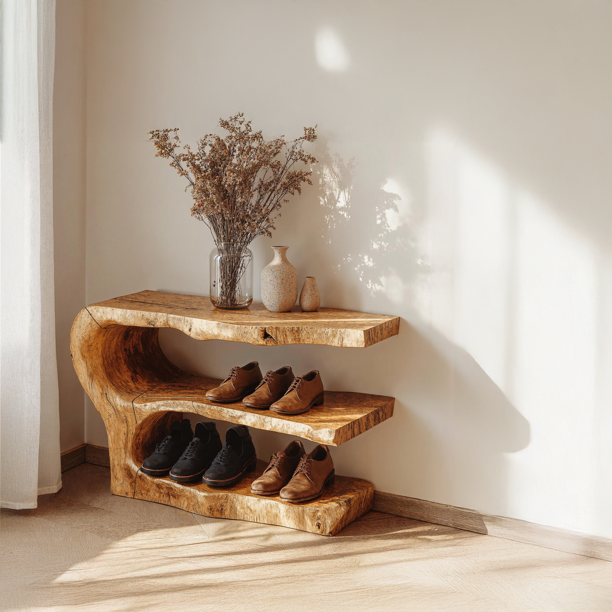 3-Tier Shoe Rack Bench, Rustic Solid Wood Entryway Storage