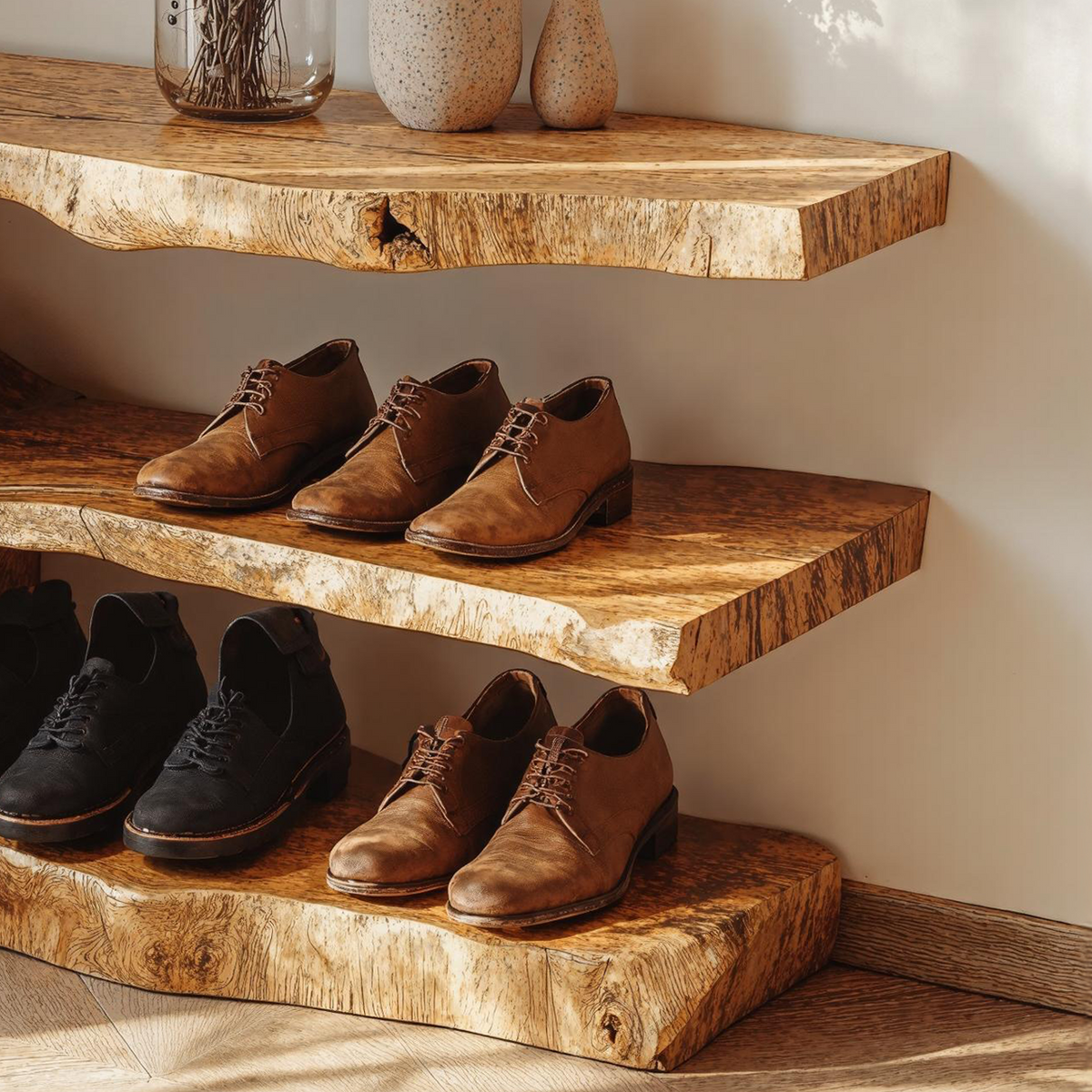 3-Tier Shoe Rack Bench, Rustic Solid Wood Entryway Storage