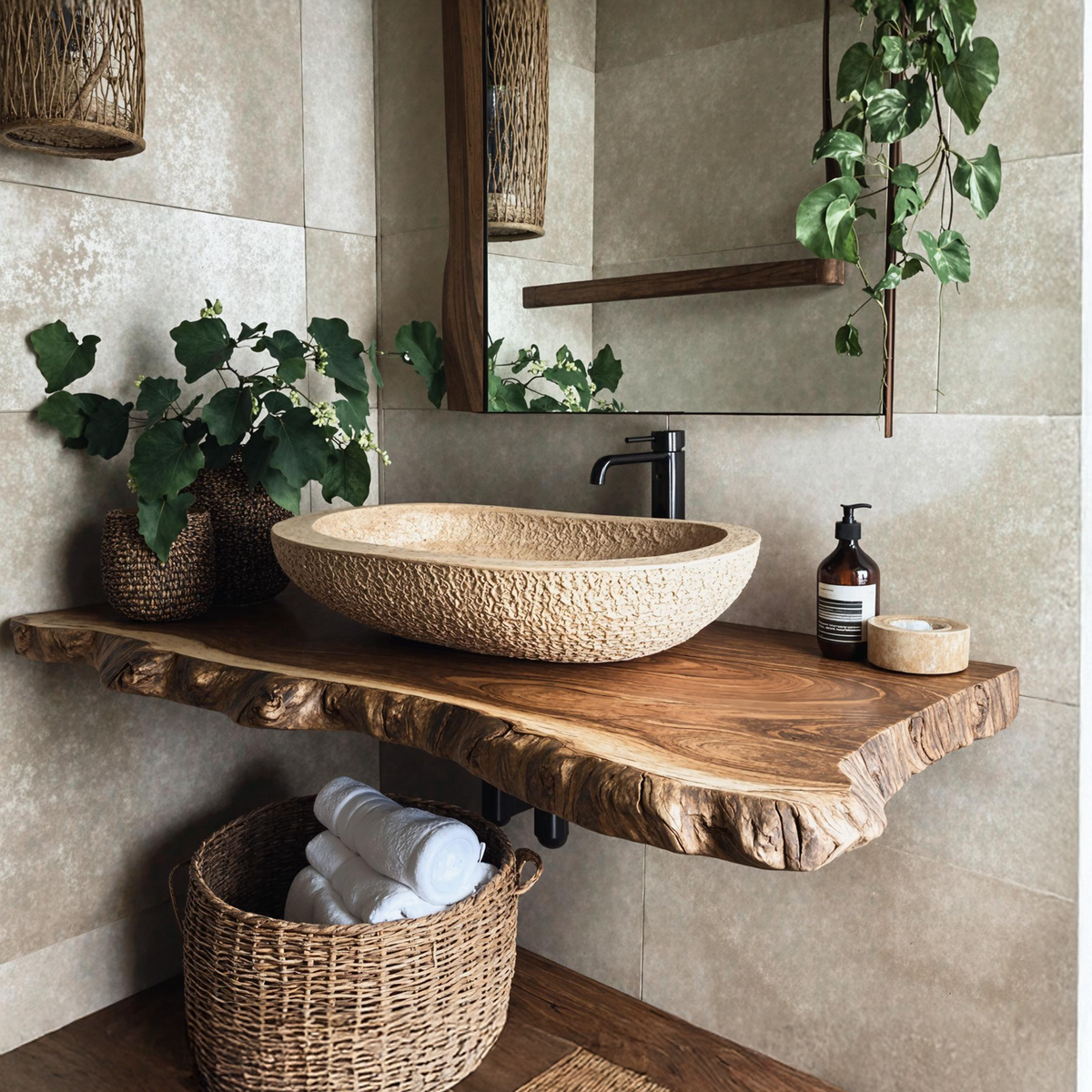 Rustic Floating Vanity Shelf, Thick Solid Wood Bathroom Sink Slab