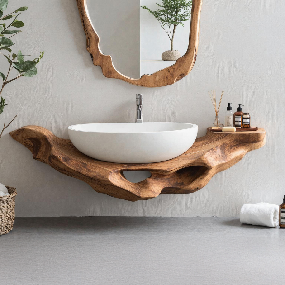 Live Edge Floating Vanity Shelf, Mid Century Solid Wood Bathroom