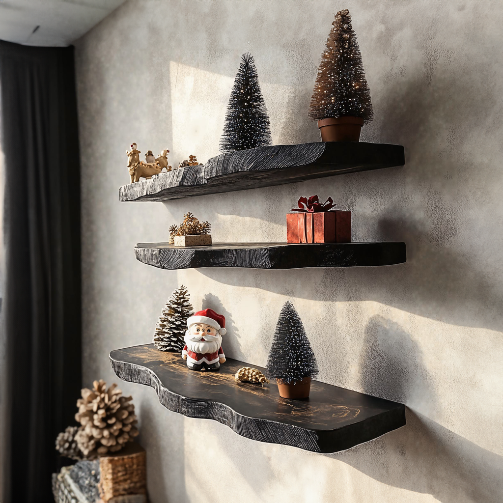 Black Floating Shelf, Live Edge Wood Wall Shelf for Holiday Décor